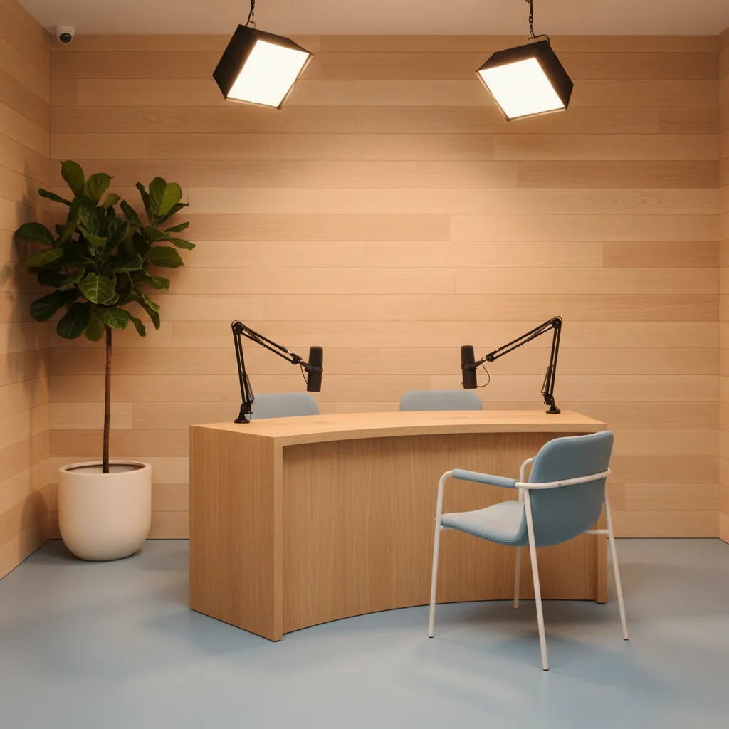 Modern wellness studio interieur met warme houten panelen en studio-verlichting