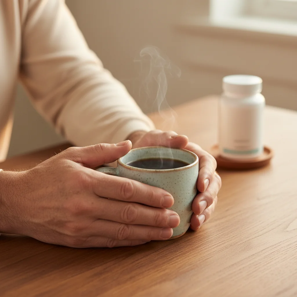 Mannenhanden met ochtendkoffie - mannen welzijn supplement na je 50e
